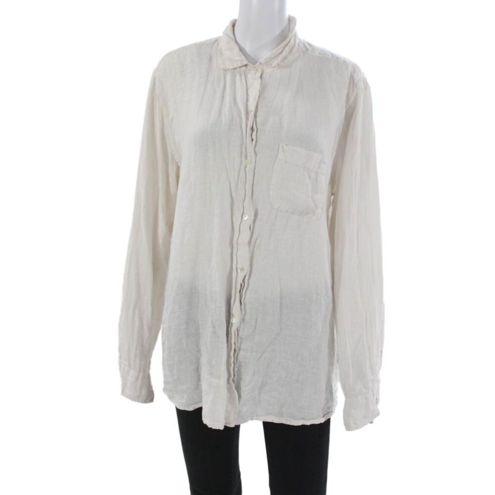 Velvet By Jenny Graham Women Linen Collared Button-Up Beige Long Sleeve Size L